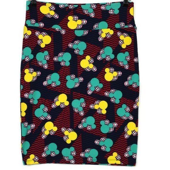 LuLaRoe Cassie Pencil Skirt Disney Mickey Mouse Blue Red Green Yellow L Large‎ - Picture 1 of 10